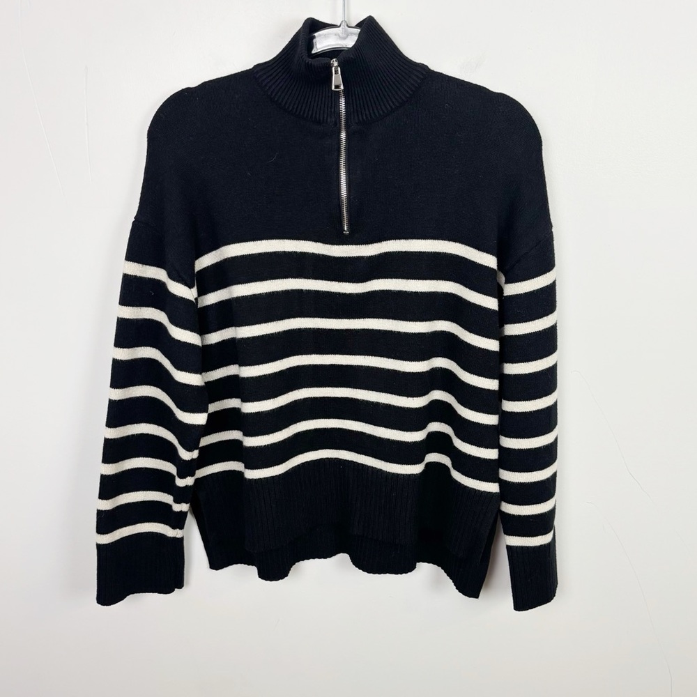 Zara Black & White Quarter Zip Pullover Sweater Size Medium - Picture 3 of 13